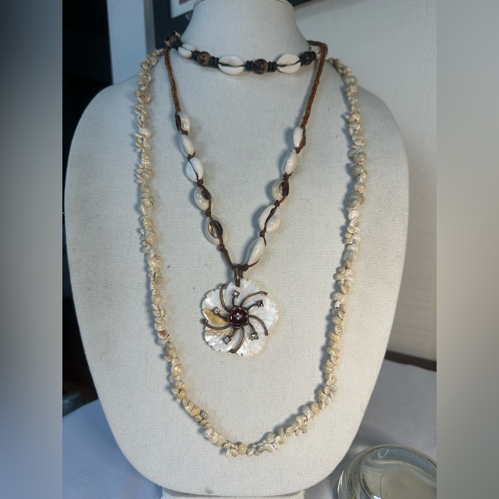 Beach vibe shell necklace group and bracelet with teeth